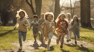 Several happy multi-ethnic children running in the park, generative AI, AI generated