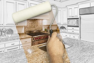 Before and after of man painting roller to reveal custom kitchen photograph under pencil sketch