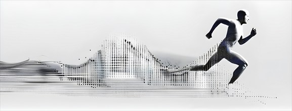 Wave of data points shaping into a runners silhouette, abstract illustration in black and white,