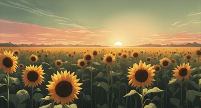 Abstract illustration of a field of sunflowers backlight with beautiful sunrise, AI generated