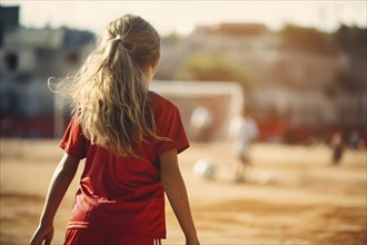 Back view of young girl child playing soccer. KI generiert, generiert AI generated