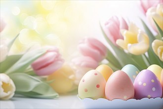 Colorful Easter eggs with dots and tulip spring flowers in background. KI generiert, generiert AI