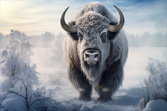 Large male bison covered with ice walking in snow, AI generated