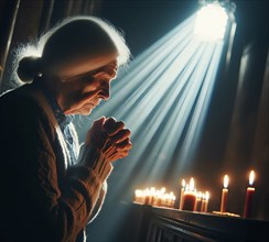 An old woman prays fervently with folded hands, Symbolic image believing, religious, prayer, AI