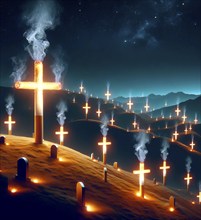 Many crosses from glowing cigarettes, symbolic image smoker, nicotine, tobacco, tobacco