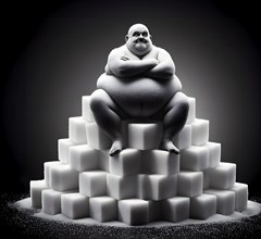 A severely overweight man with obesity sits on a pyramid of sugar cubes, symbolic image disease,