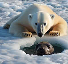 A polar bear at an ice hole hunting for a seal in the Arctic, AI generated, AI generated