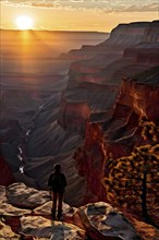 Sunrise over grand canyon in vibrant colors casting light on overhanging rock formations, AI