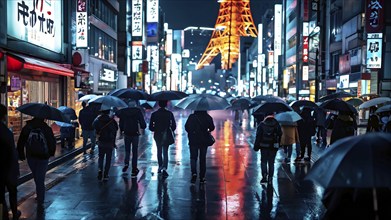 Tokyo streets at night with water puddles reflecting a neon glow and bustling crowd, AI generated