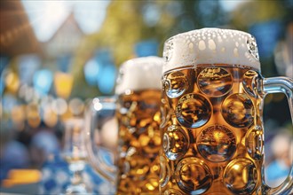 Beer mug swith blue and white Oktoberfest festival flags in background. Generative Ai, AI generated