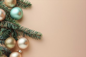 Christmas flatlay with blue and cream colored tree baubles and fir branches on beige background