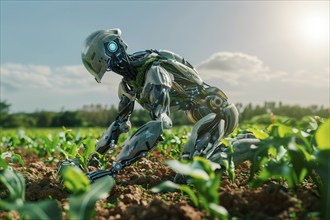 Vegetable humanoid robot working in a crop field, AI generated