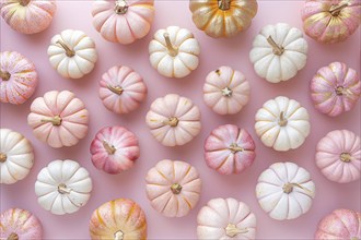 Top view of pink and golden pumpkins on pastel pink background. Generative Ai, AI generated