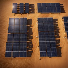 Complex layout of a photovoltaic power plant symmetrically arranged in rows of solar panels, AI