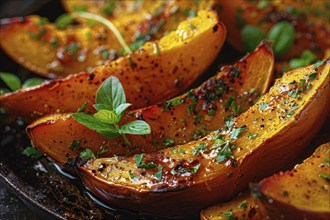 Close up of baked pumpkin wedges with seasoning. Generative Ai, AI generated