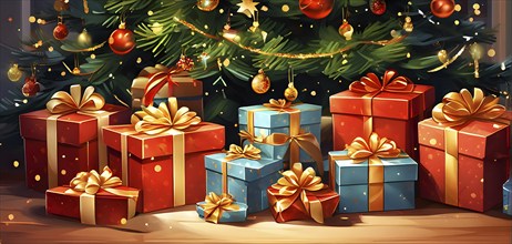 Abstract illustration of wrapped Christmas gifts, shiny ribbons and bows, stacked under a evergreen