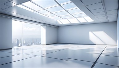 Three dimensional rendering of a futuristic empty room with skylights, AI generated