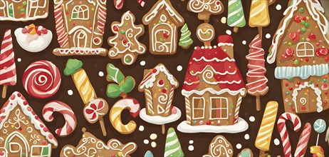 Abstract wallpaper illustration of of gingerbread house decoration, AI generated