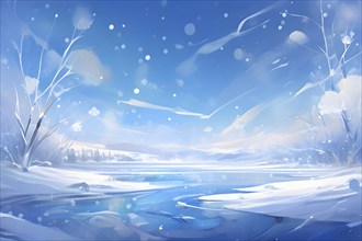 Abstract illustration of dreamy, icy landscape with swirling blues, whites, and silvers, evoking