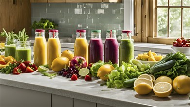 Smoothie surrounded by an assortment of fruits and vegetables, AI generated