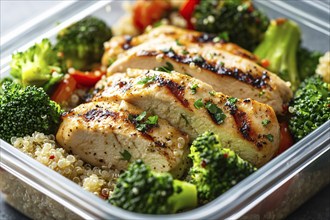 Meal prep with healthy grilled chicken breast, broccoli vegetable and quinoa. Generative Ai, AI