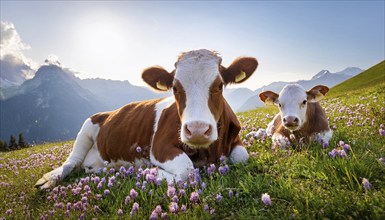 A brown cow and a calf resting on an alpine meadow, Studio, KI generated, AI generated