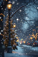 Christmas Eve with snowflakes fall under the light of a streetlamp with a decorated tree in the