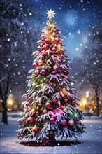 Beautifully decorated Christmas tree standing in an outdoor park covered in glistening snow, AI