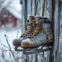 Pair of vintage ice skates hanging by their laces on an old wooden fence with frost and snow gently