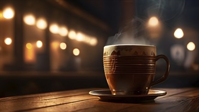 Coffee cup on a wooden table in a warmly lit cafe in blurred background, AI generated