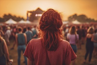 Back view of young woman at music open air festival. KI generiert, generiert AI generated