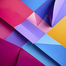 Illustration of abstract geometric flat lay composition of papers in hues of purple yellow magenta