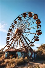 Old amusement park reclaimed by nature a rusted ferris wheel standing against the sky, AI generated