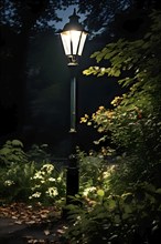 Solitary street lamp standing in an overgrown park, AI generated