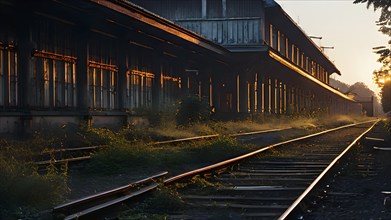 Deserted train station captured in twilight, AI generated