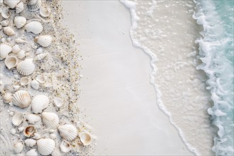 Top view of sand beach with water and seashells. KI generiert, generiert, AI generated