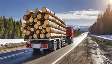 Forestry, timber industry, lorry, long timber transporter loaded with logs, on the road, AI