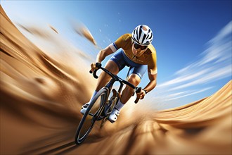 Abstract digital render of an olympic triathlete on the bike morphing into fluid shapes, AI