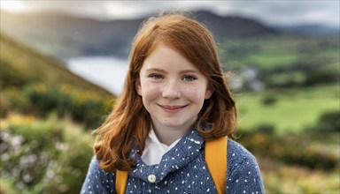 A girl with red hair and freckles enjoys nature, surrounded by countryside, Ireland, ki generated,