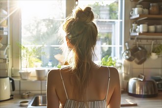 Back view of young woman in kitchen. KI generiert, generiert, AI generated