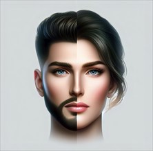 A face with masculine and feminine features, symbol image man, woman, diverse, gender, male,