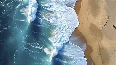 Aerial view of massive blue ocean wave to crash on a sandy beach, AI generated