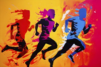 Illustration of dynamic runner mid action on a vibrant splash paint background, AI generated