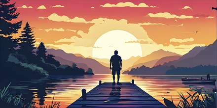 Cartoon vector illustration of an elderly man at a tranquil mountain lake, AI generated