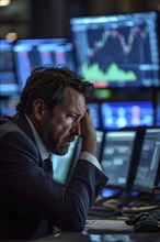 Stock trader in stress and panic in a market crash, AI generated