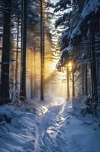 Fog covered forest in winter with snow covered trees and a mystic golden sunlight, AI generated