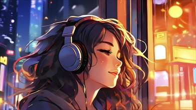 Anime style portrait of a girl with large headphones engulfing her ears, AI generated