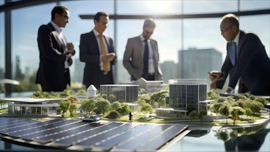 Business professionals engaged with a scale model of a modern solar park adjacent to miniature