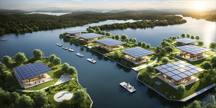 3d rendering of a sustainable engaged waterfront development with floating solar panels, AI