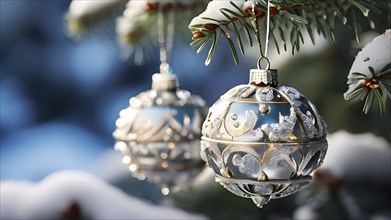 Set of Christmas ornaments hanging on a snow-covered pine tree branch, with frost clinging to the